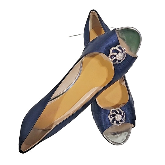 Erijunor Navy Blue Satin Peep-Toe Heels With Rhinestones Size 11B0 - Picture 13 of 14